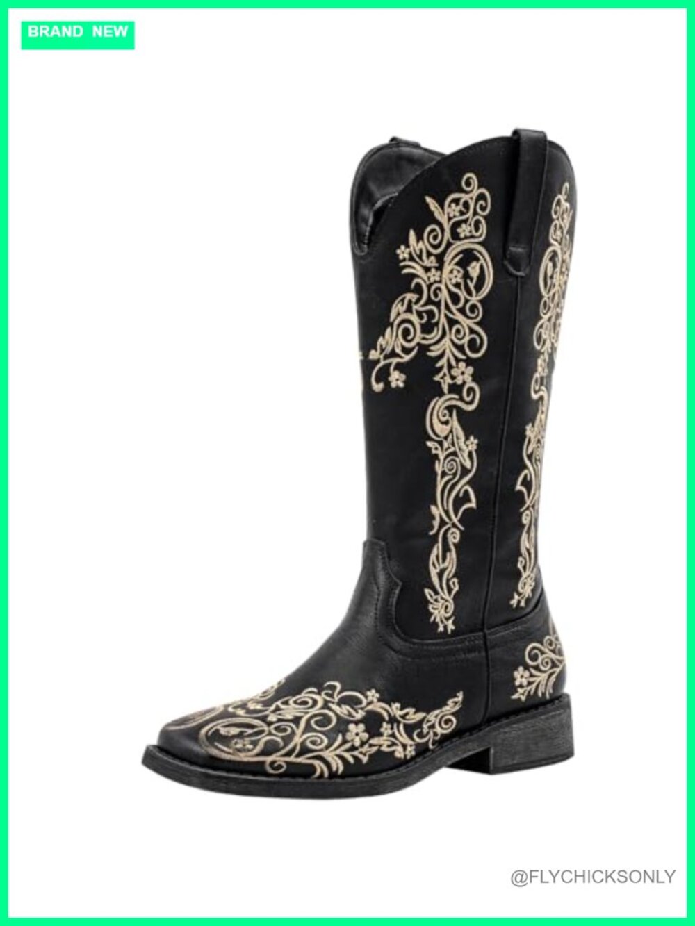 Square Toe Floral Embroidered Cowboy Western Boots Wide Calf Faux Leather